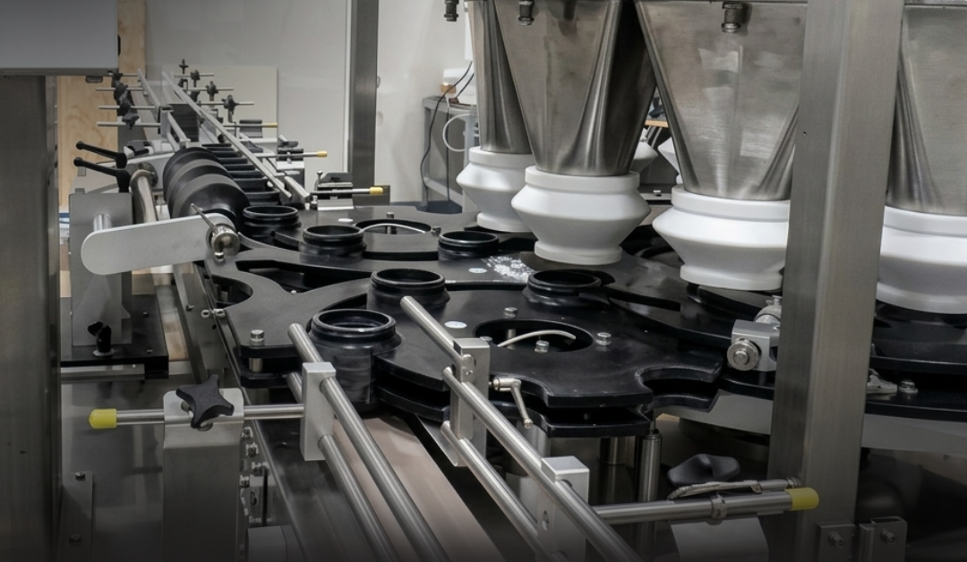 Automated rotary filling machine precisely positioning containers beneath stainless steel hoppers, showcasing controlled container handling and high-speed production in a clean industrial environment.