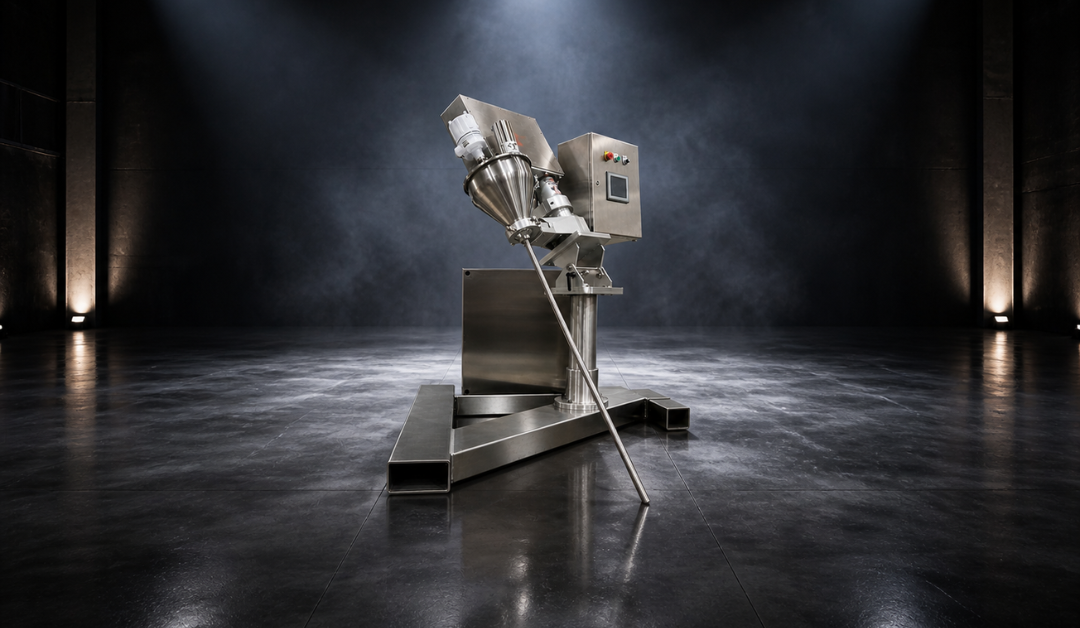 Custom stainless steel powder filling machine with angled auger system designed for precision food processing applications in tight production spaces.